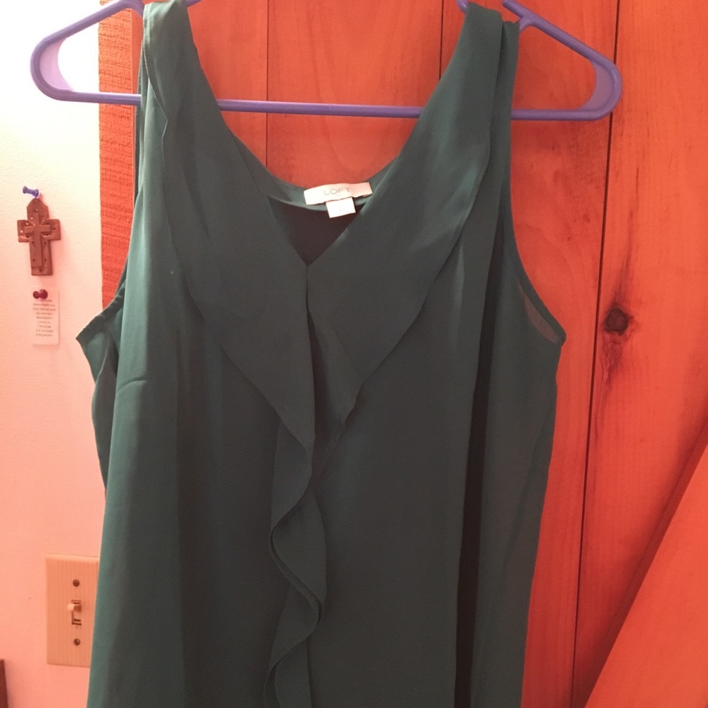 Loft very sheer emerald green blouse with ruffle